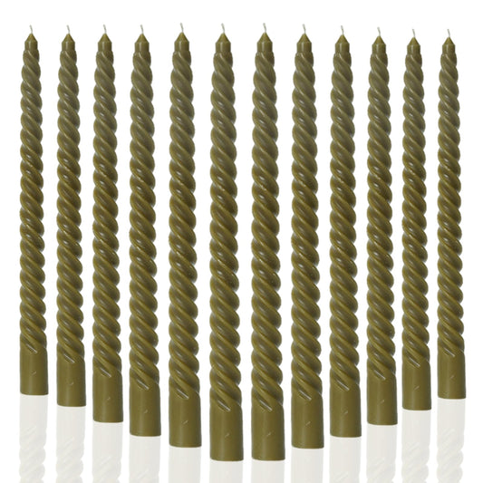 MAITREYA Olive Green Taper Candles Stick Spiral Twisted Candles-Set of 12 for Decoration Weddings Party Church-Unscented Dripless Candles,10inch(F-Olive)