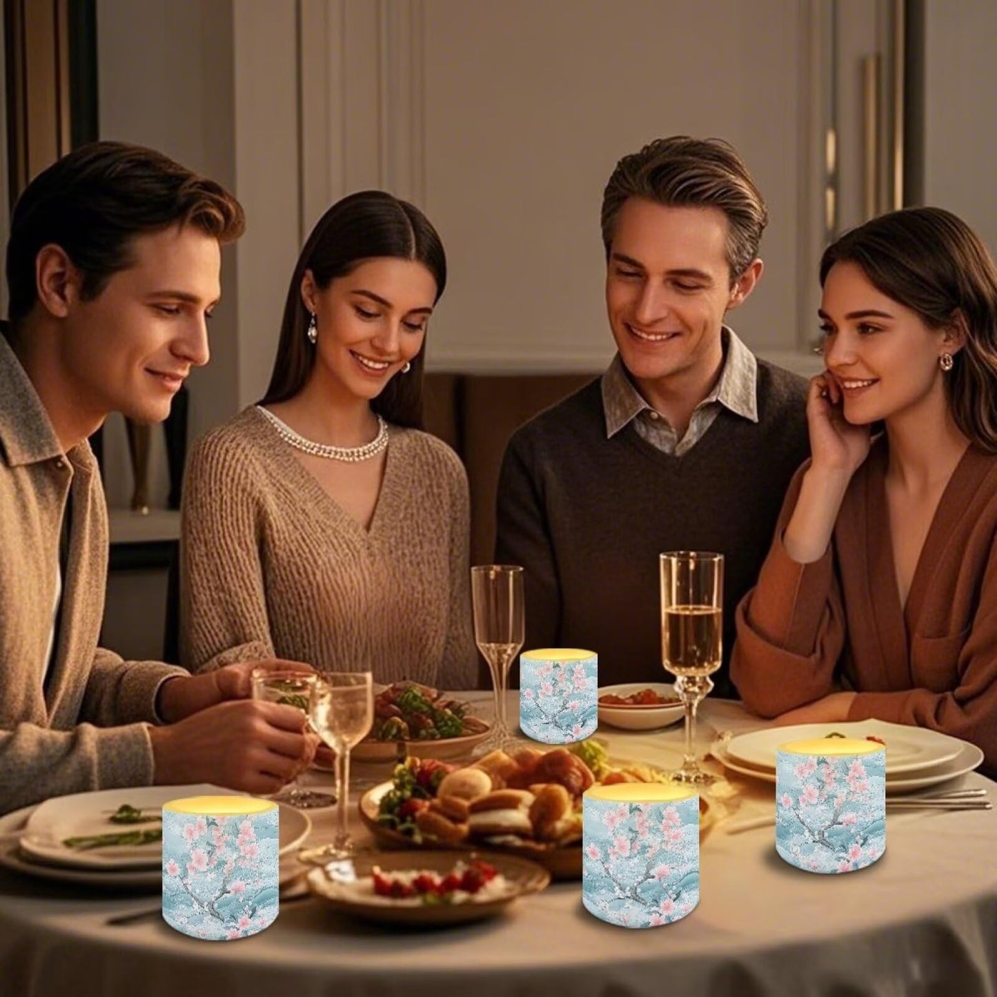 Cozeyat Marbel Cherry Blossoms Convenient Flameless Candles 4 Pack Battery Operated LED Pillar Candles with Remote Control Timer Waterproof for Indoor Outdoor All Uses