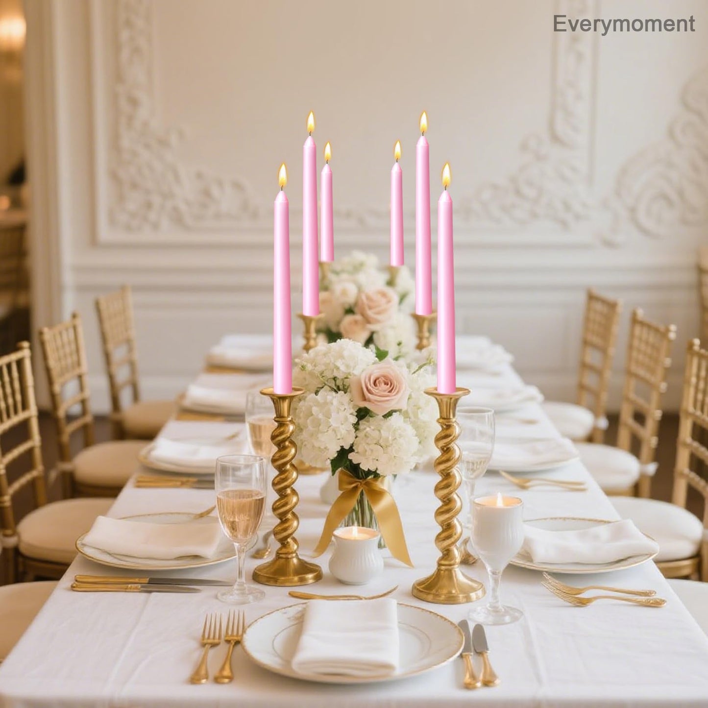 Everymoment Pink Taper Candles - 24 Pack 10 Inch Candlesticks - Dripless & Smokeless for 8 Hours - Unscented Paraffin Wax - Ideal for Wedding Mother’s Day Valentine's Day Baby Shower & Romantic Decor