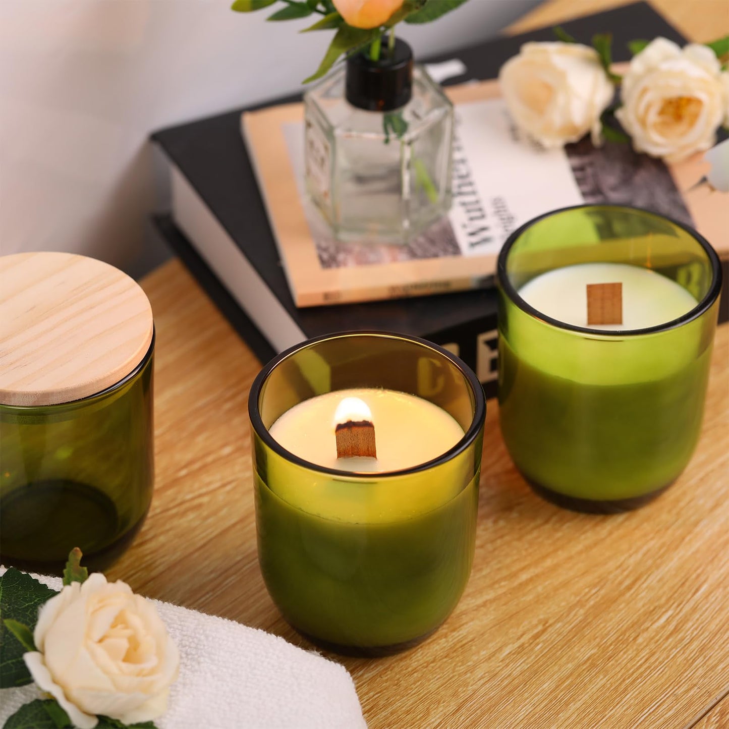 LETINE 12PCS Premium 8oz Green Glass Candle Jars with Lids - Bulk Empty Vessels for Candles, Eco-Friendly Candle Containers for Wedding Gifts & Candle Making Supplies, Ideal for Candle Business Owners