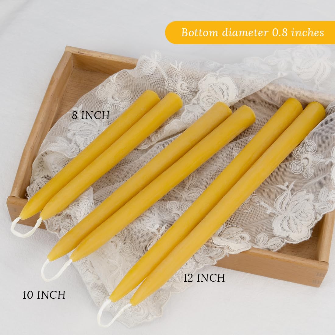 8 inch Beeswax Taper Candles 4 Pack - All Natural, 100% Pure Unscented Bee Wax Candle, Dripless, 5 Hours Burnning Time -Yellow