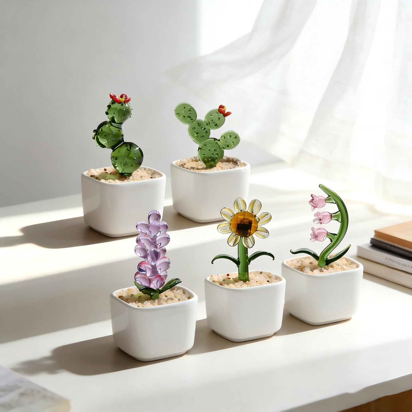 Glass Flowers Fake Cactus Decor,Cute Desk Decor for Women Office,Crystal Flowers in Vase for Desk Trinkets,Handmade Small Gifts for Women & Plant Lover Gifts