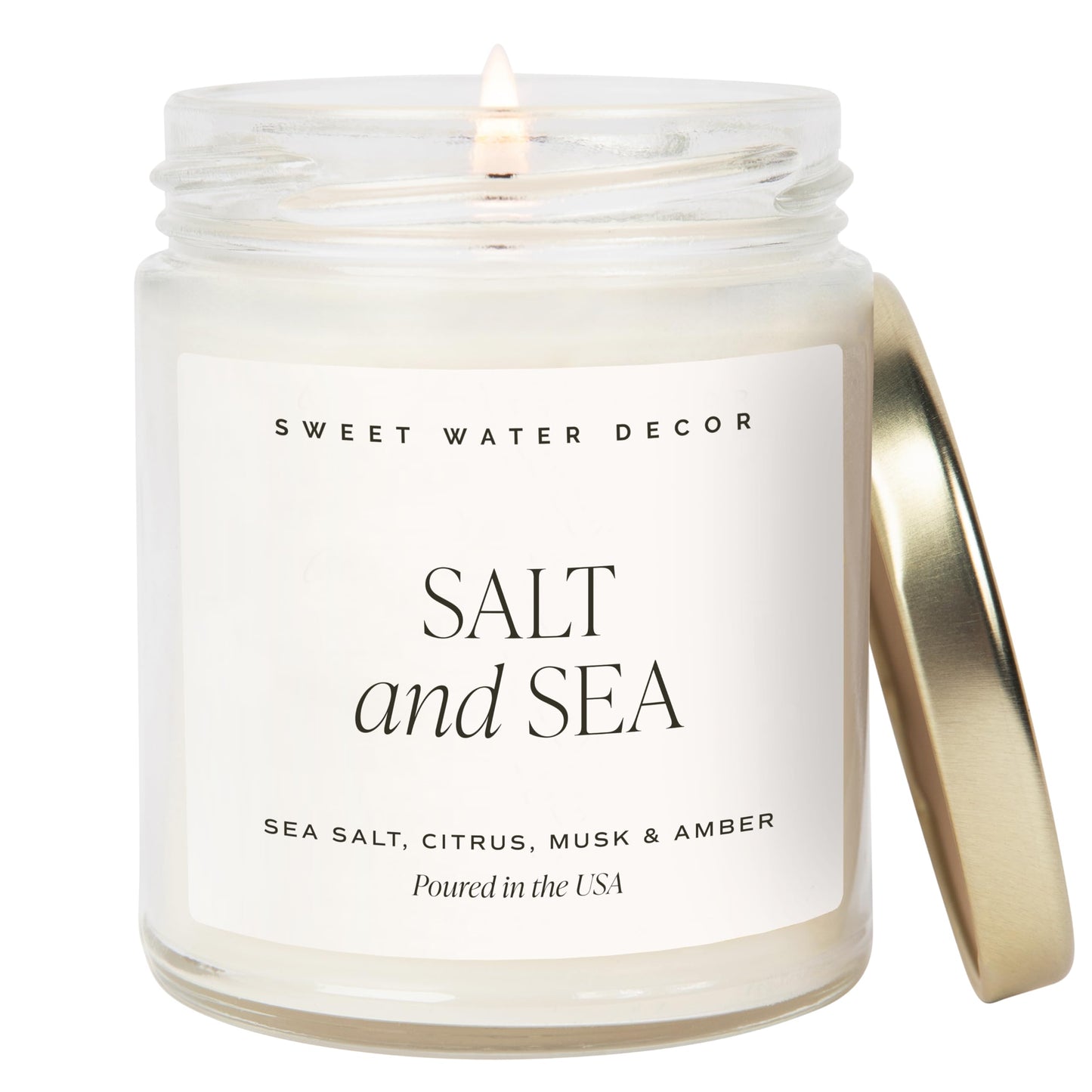 Sweet Water Decor Salt and Sea Candle - Sea Salt, Musk, and Amber Scents - Beach Candles and Decor for Home - 9oz. Clear Jar Soy Candle, Made in The USA