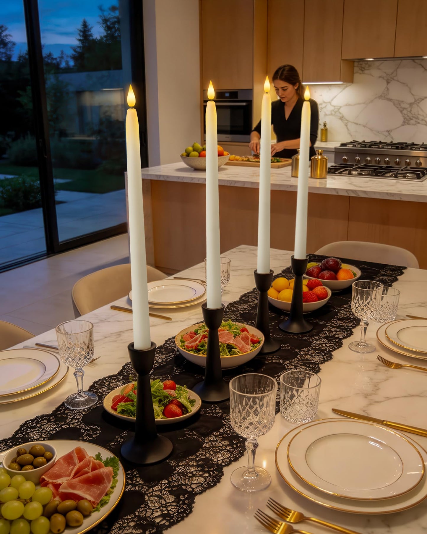 Homemory 15 inches Real Wax Flameless Taper Candles with Remote Timer, 6 Pcs White LED Taper Candles Battery Operated with 3D Flickering Flame, Window Candle Led Candlesticks for Dinners Home Decor