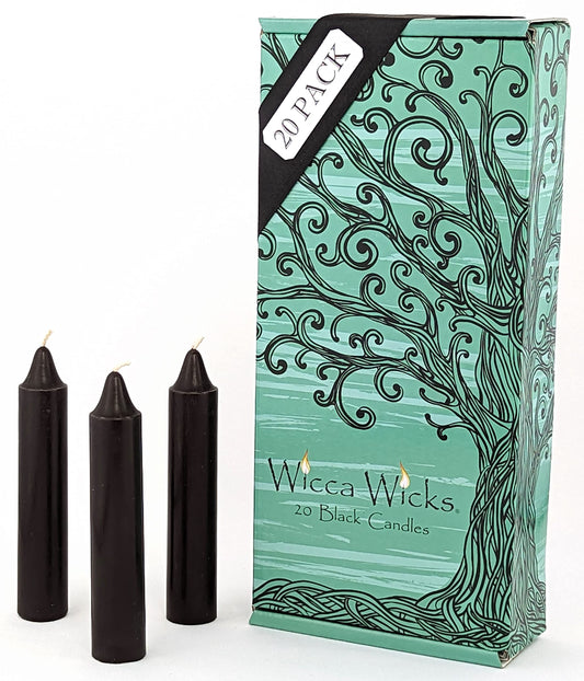 Wicca Wicks - 20 Black Candles | 4 inches Tall & 3/4 inch Diameter | Witchcraft Supplies for Your Personal Wiccan Altar, Spells, Charms & Rituals | Witchy Room Decor | Taper Candlesticks (Black)