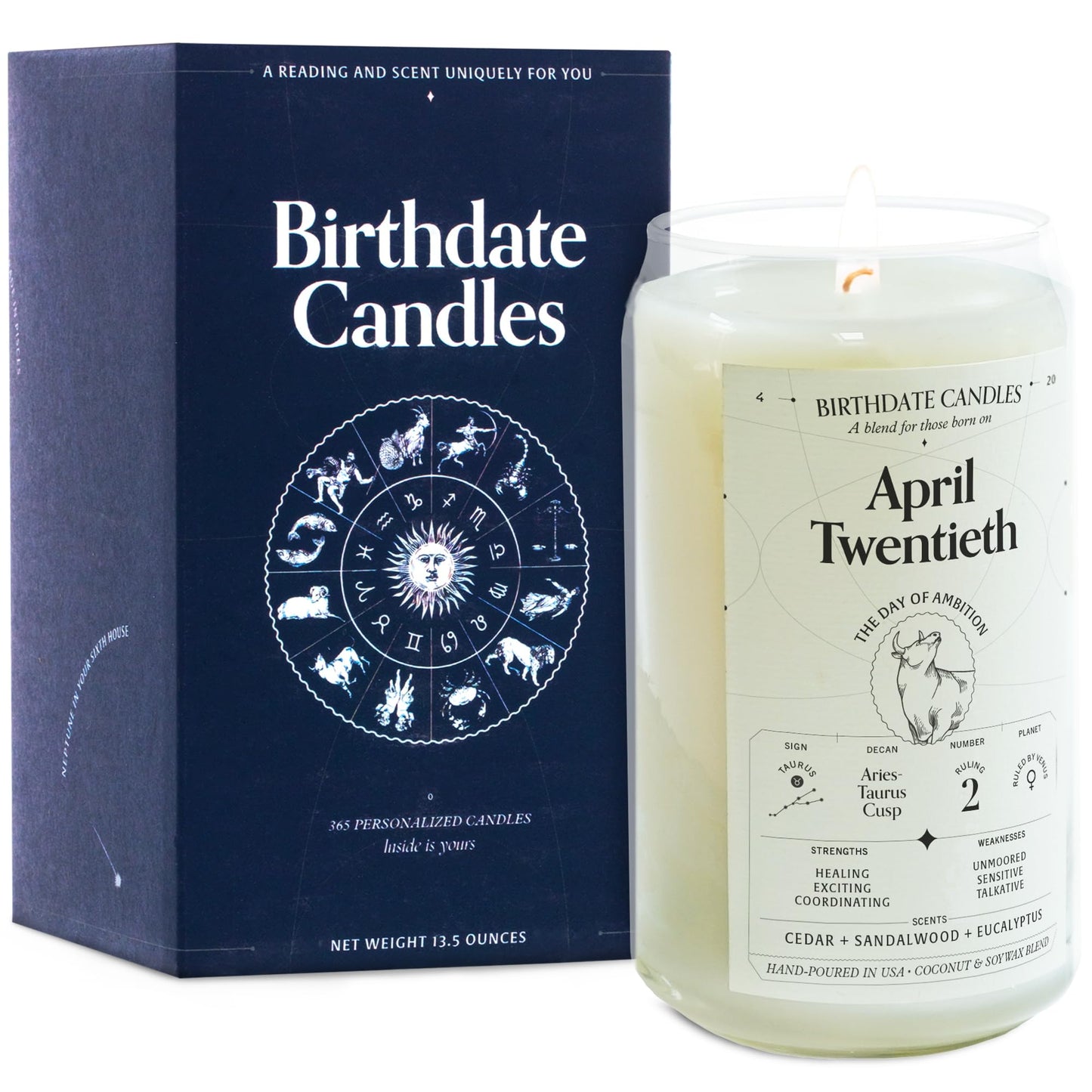 Birthdate Candles, April 20 - Taurus Zodiac Scented Candles Birthday Gift - Cedar, Sandalwood & Eucalyptus Scent - All-Natural Soy & Coconut Wax, 60-80 Hour Burn Time - Made in USA