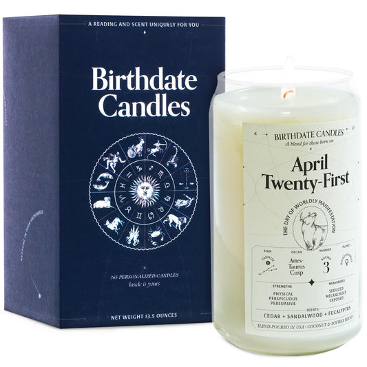 Birthdate Candles, April 21 - Taurus Zodiac Scented Candles Birthday Gift - Cedar, Sandalwood & Eucalyptus Scent - All-Natural Soy & Coconut Wax, 60-80 Hour Burn Time - Made in USA