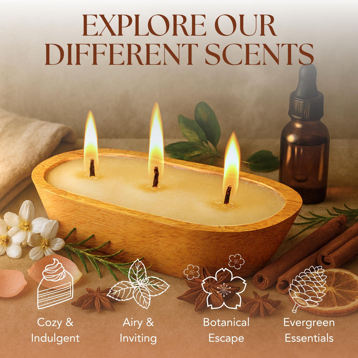 Dough Bowl Candle Co. Spiked Egg Nog Soy Candle - 3 Wick Rustic Farmhouse Coffee Table Decor, Odor Eliminator in Wooden Bowls, 20 Oz Wooden Dough Bowl Candle, All-Natural Gifts for Women and Men