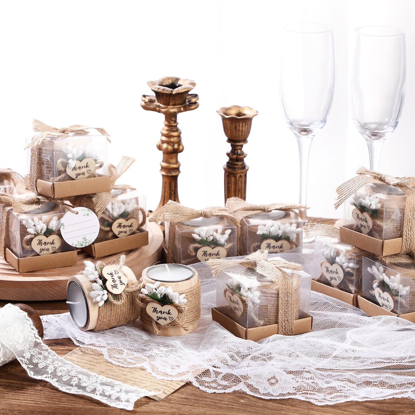 Retisee Wedding Candle Favors for Guests Bridal Shower Wood Memorial Tealight Candle Holder Thank You Gifts Handmade Candles for Wedding Baby Shower Housewarming Table Centerpiece(16 Sets)