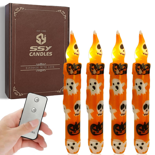 Gedengni Halloween Candlesticks Flameless Taper Candle, 4pcs Printed LED Tapered Candles Remote Dipped Candle 6inch Battery Chandelier for Enchanting Weddings and Harry Potter Inspired Vigils(Hall)