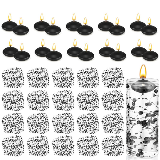 Fumete 40 Pcs Black Floating Candles with Pearl Strings, Small Unscented Floating Candles Centerpiece for Night Events, Gothic Party Table Decor, Wedding, Anniversary, Birthday, Modern Home Decor