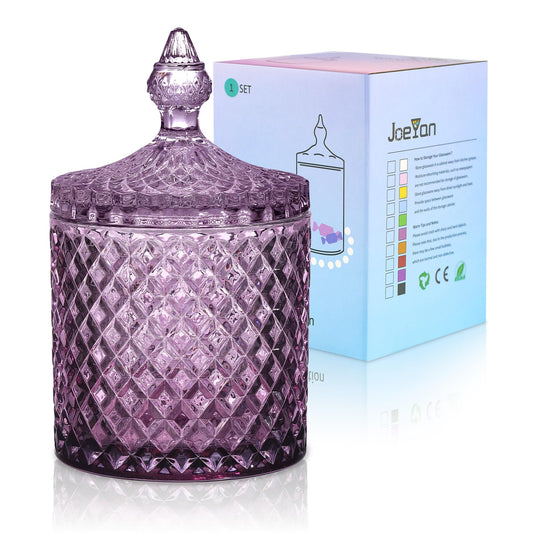 Joeyan 18oz Dark Purple Glass Jars with Lid,Embossed Candy Dishes,Diamond Faceted Glass Food Container,Decorative Jewelry Box Canisters,Colored Kitchen Bathroom Storage Organizer,Gifts for Buffet