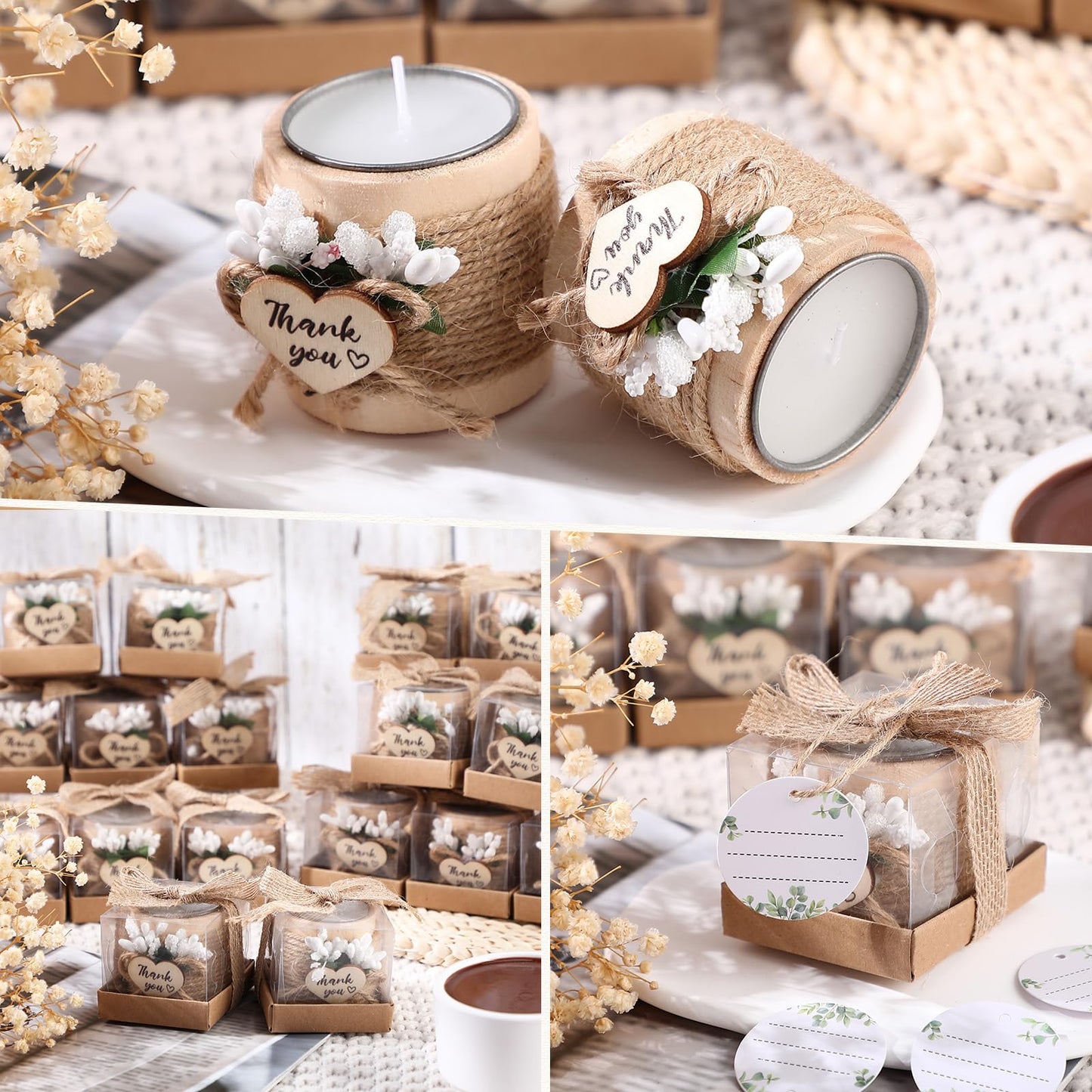 Retisee Wedding Candle Favors for Guests Bridal Shower Wood Memorial Tealight Candle Holder Thank You Gifts Handmade Candles for Wedding Baby Shower Housewarming Table Centerpiece(24 Sets)