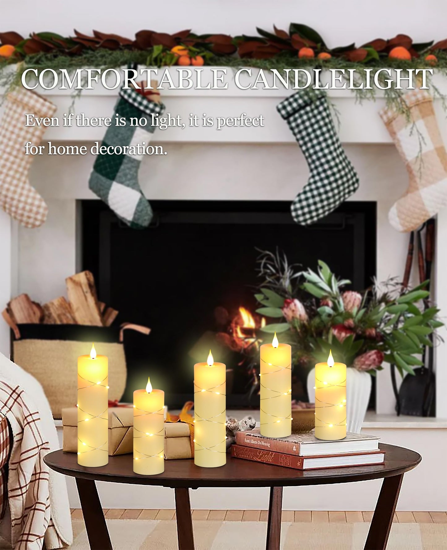 Upinmz Flickering Flameless Candles with Embedded String Lights, Battery Operated Candles with Remote Control and Timer,LED Candles for Home Decoration,Real Wax, 5 Pack Ivory