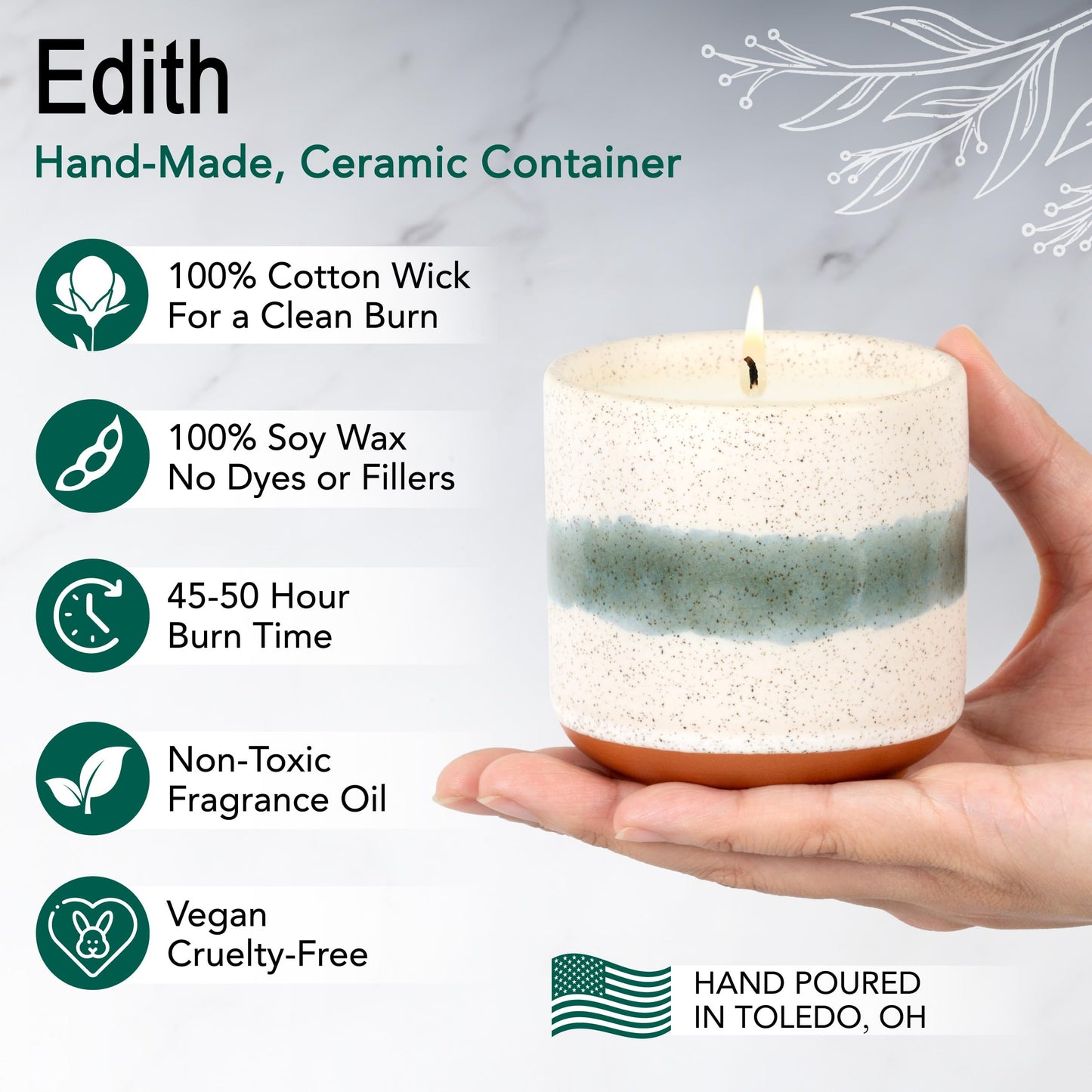 The Growing Candle, Unscented Fragrance Free Candles, 8.5oz Ceramic Pot, 100% Soy, Edith