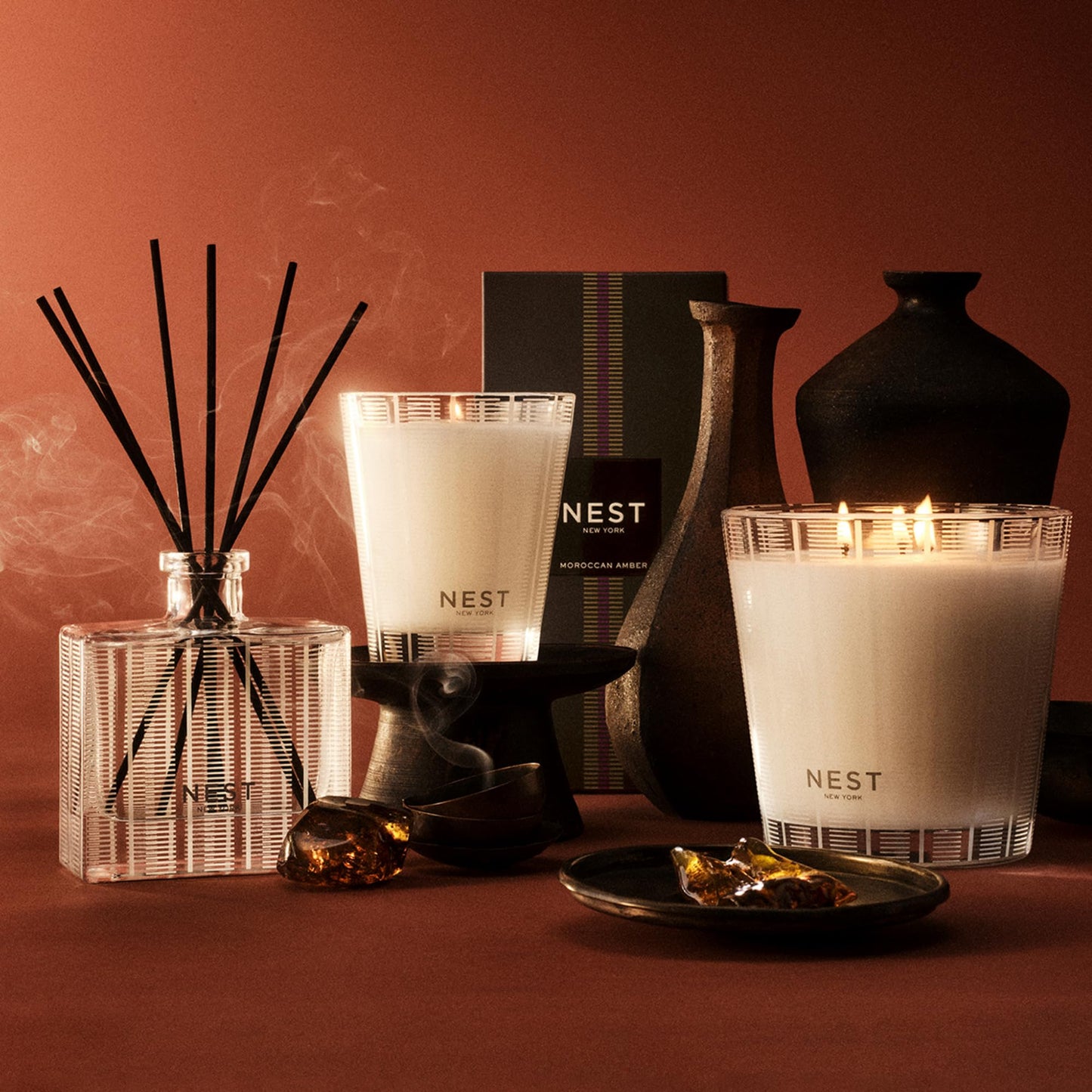 NEST New York Scented 3-Wick Candle, Moroccan Amber - 21.2 oz - Up to 100-Hour Burn Time - Reusable Glass Vessel