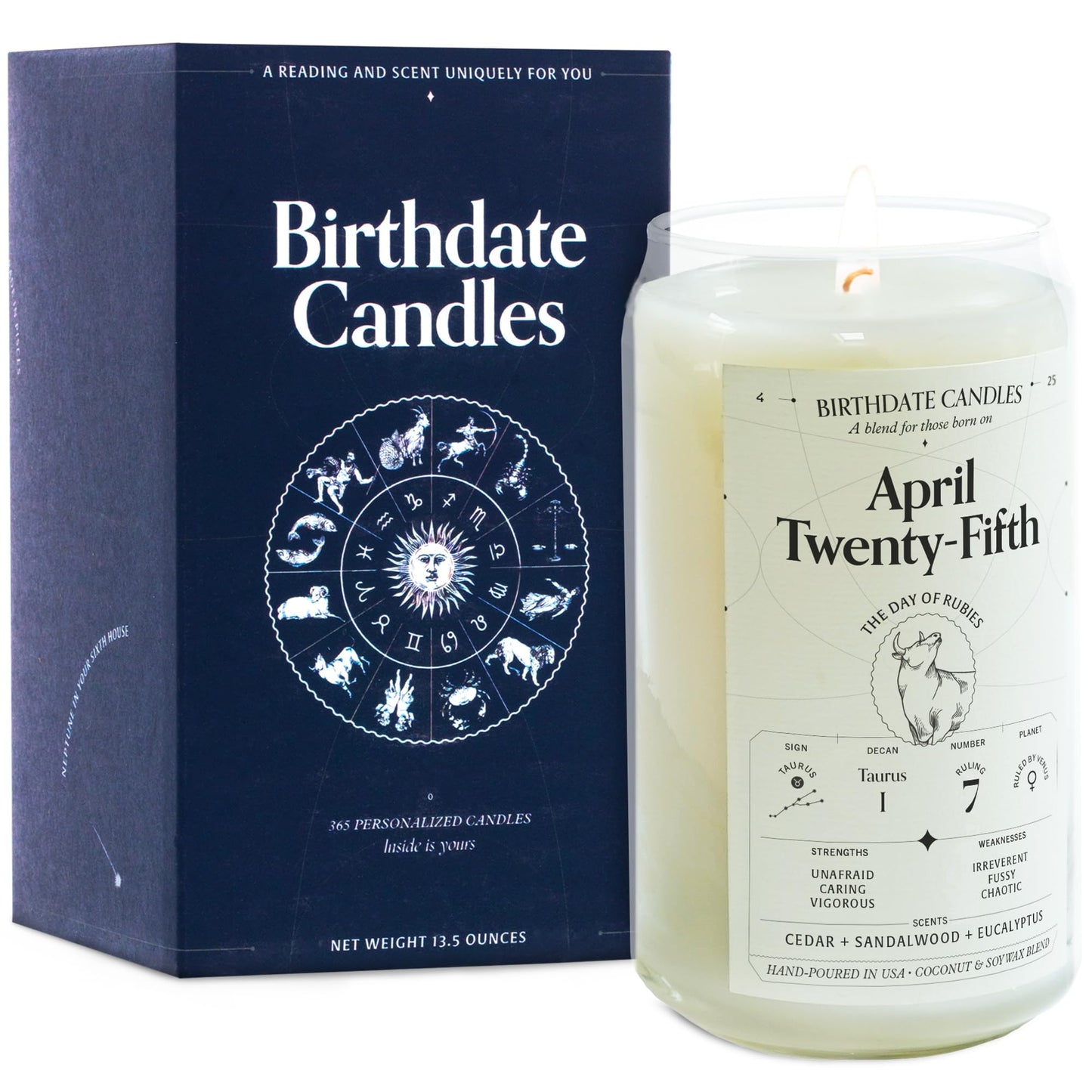 Birthdate Candles, April 25 - Taurus Zodiac Scented Candles Birthday Gift - Cedar, Sandalwood & Eucalyptus Scent - All-Natural Soy & Coconut Wax, 60-80 Hour Burn Time - Made in USA