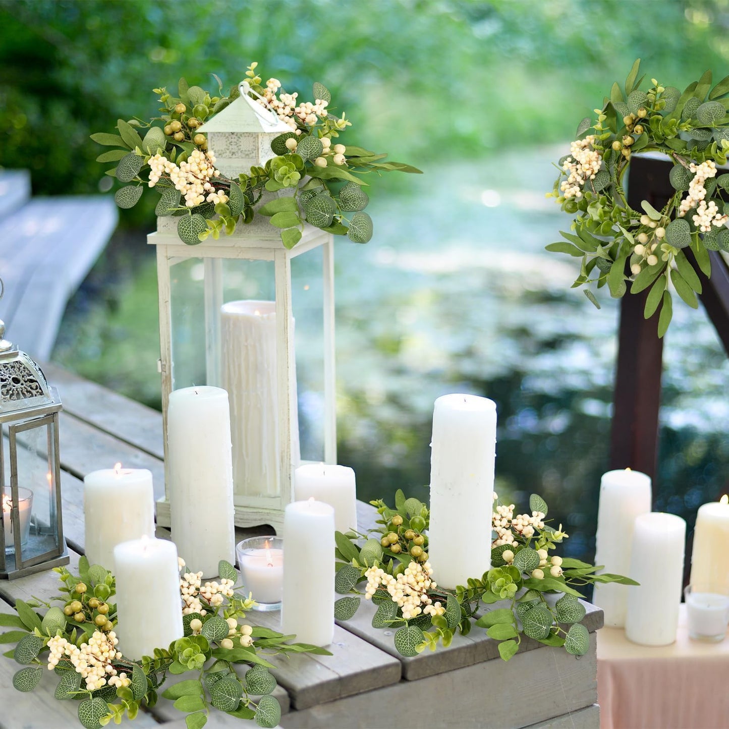 6 Pcs Green Eucalyptus Candle Rings Wreaths Spring Summer Kitchen Cabinet Wreaths Mini Green Berry Leaves Candle Wreath for Pillars Farmhouse Festival Wedding Celebrations Tabletop Decoration