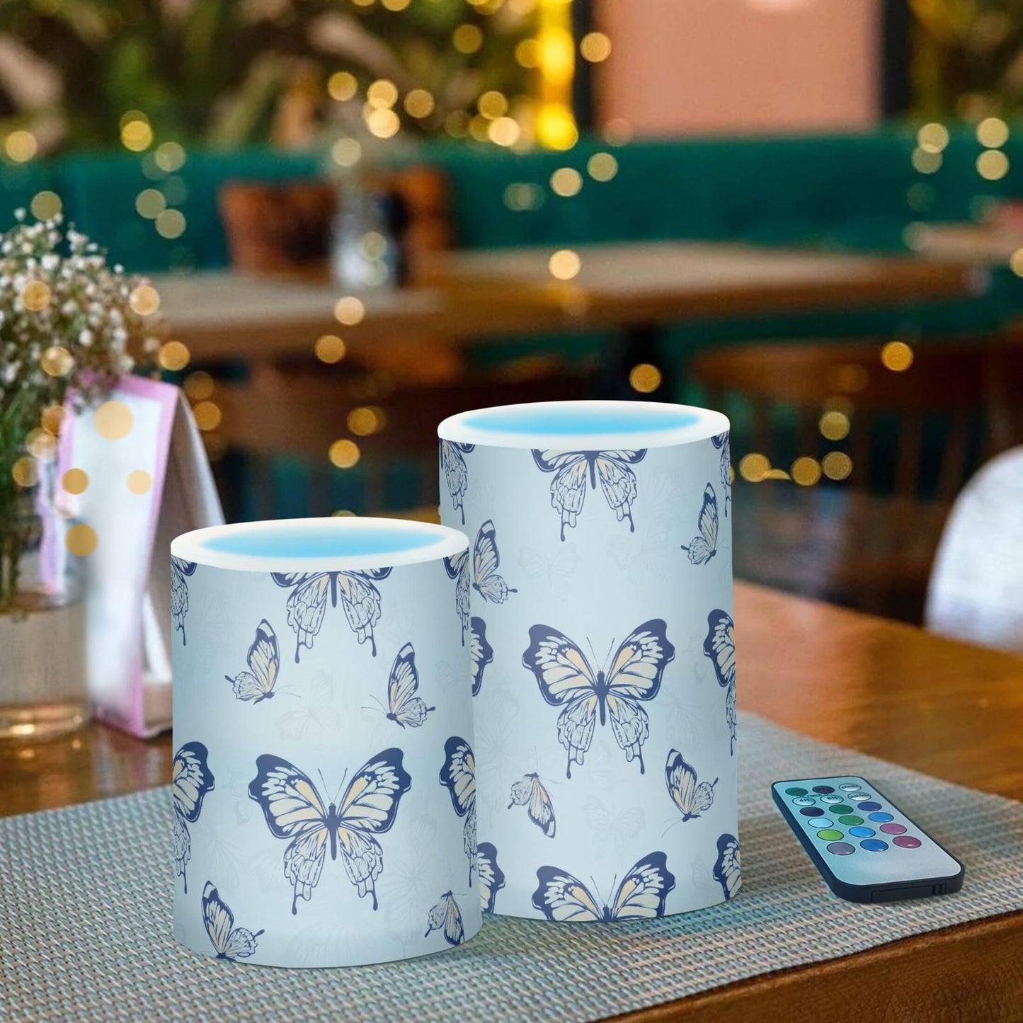 Grgvtei Flameless Candles Gray and Black Butterflies Flickering LED Pillar Candles with Remote & Timer, Battery Operated Set of 2 Warm Glow for Wedding Party Home Decoration