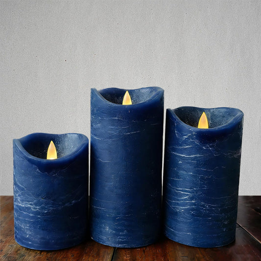EZiKitchen Real Wax Flameless Candles Set of 3 (D 3" x H 4" 5" 6") Battery Operated LED Candle with Timer Home Decorative Pillar Flickering Lights,Wedding Party Events Decor,Navy Blue