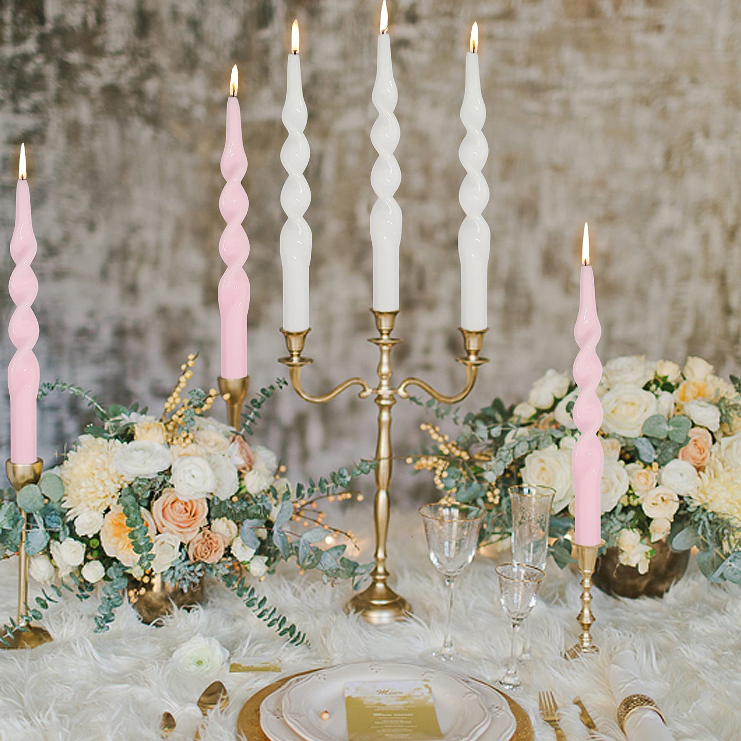 Pink Taper Candles Set of 4, 10 Inch Handmade Spiral Candle, Twisted Candles Shape Design, Unscented Candle Sticks for Wedding Dinner Home Decor Gift