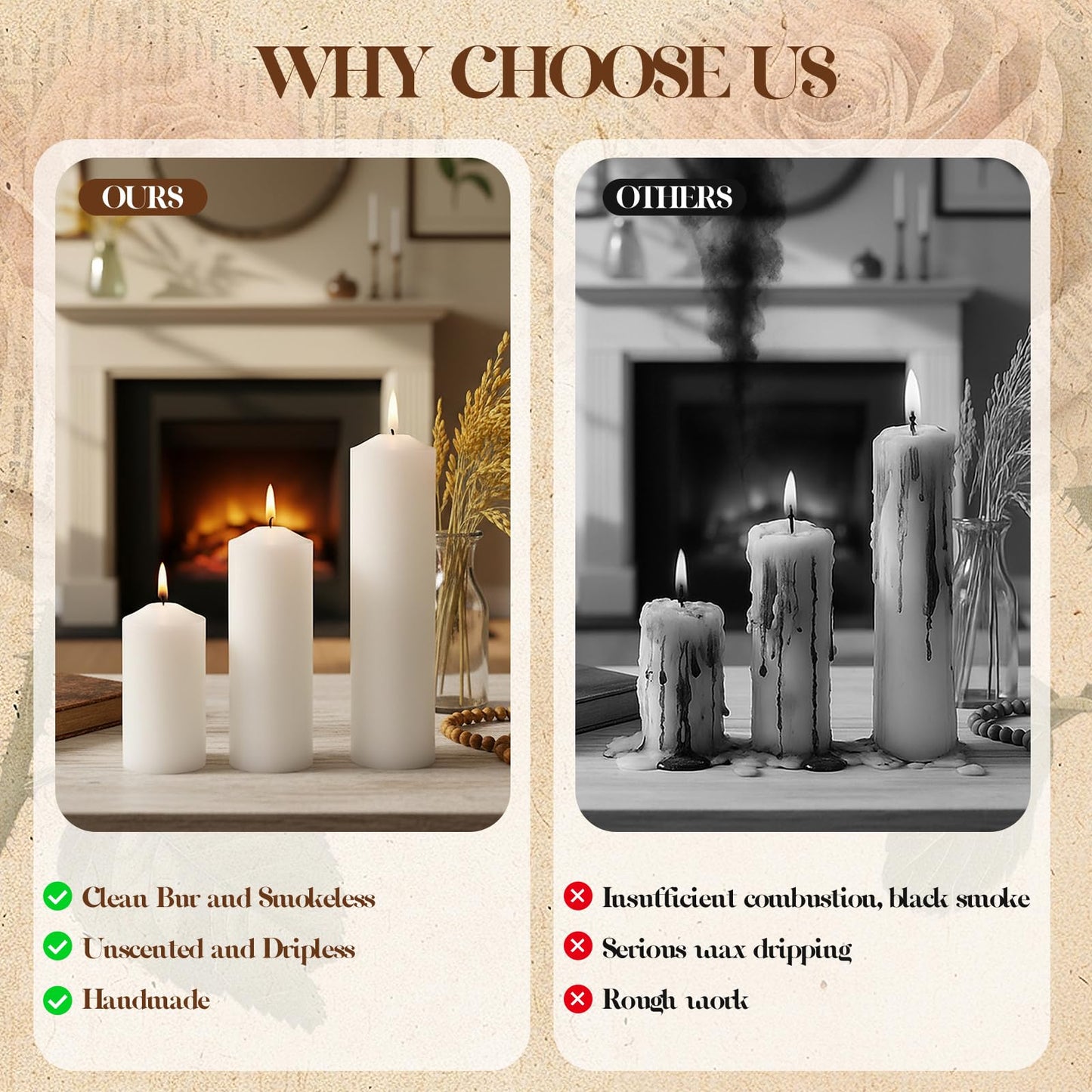 Veiuwa 36 Pack White Pillar Candles Bulk Set, 2x3 2x4 2x6 Inch - 12 Each Size, Dripless Smokeless Clean Burning for Wedding Centerpieces, Home Decor, Church, Romantic Ambiance！