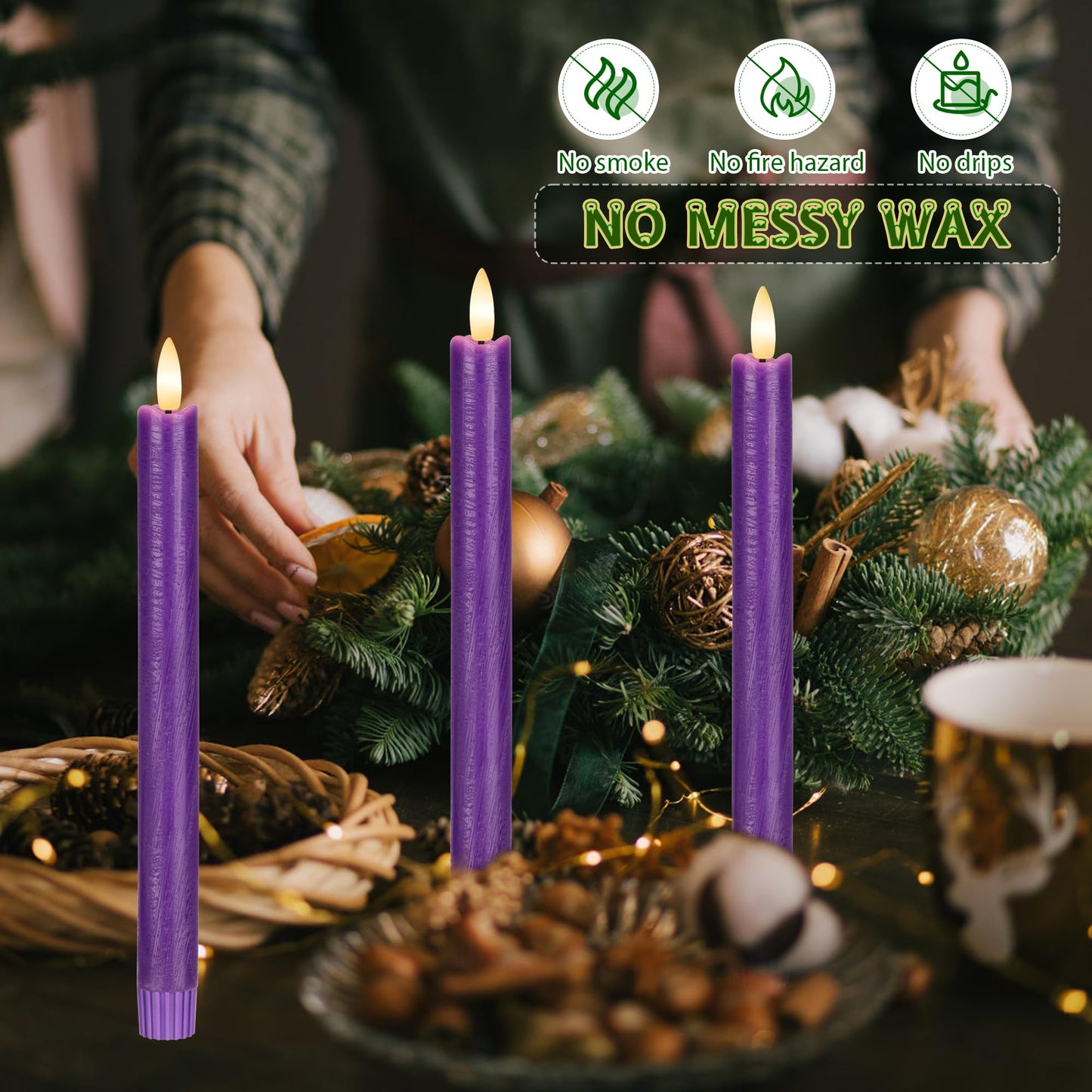 AFINETH Purple Flameless Taper Candles with Remote, 3 Pack Real Wax Battery Operated Candles, 9.6 Inch Flickering Led Christmas Candlesticks Decorations for Winter Home Holiday Xmas Gift