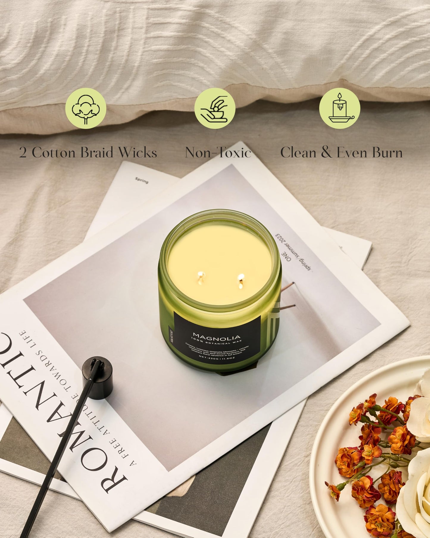 M&SENSE Magnolia Jasmine Spring Scented Candle, 11.6oz 70 Hours Long Lasting Clean Non Toxic All Natural Soy Wax Candle for Relaxing & Stress Relief, 2 Wick Romantic Fragrance Gifts for Home Decor