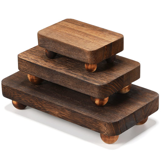 Maitys 3 Pcs Wooden Risers for Display Pedestal Stand Wooden for Decor Farmhouse Vintage Rustic Stackable Kitchen Stand Tray Riser, 3 Sizes(8 x 4.3, 6 x 3.5, 4 x 2.8 in,Brown)