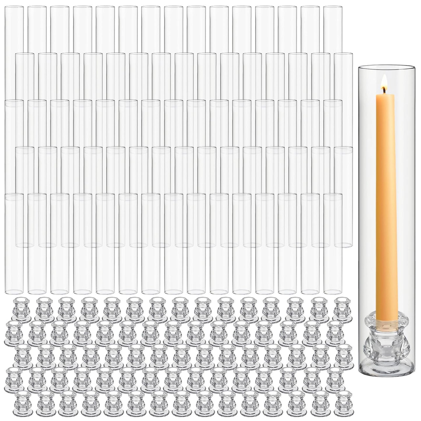 Teenyyou 96 Set Glass Hurricane Candle Holders Bulk 12.6" Open Ended Glass Candleholder Tube Shape Bottomless and 2.2" Taper Clear Candlestick Holders for Wedding Table Centerpiece (Clear)