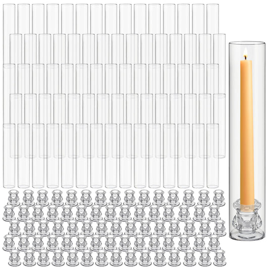 Teenyyou 96 Set Glass Hurricane Candle Holders Bulk 12.6" Open Ended Glass Candleholder Tube Shape Bottomless and 2.2" Taper Clear Candlestick Holders for Wedding Table Centerpiece (Clear)