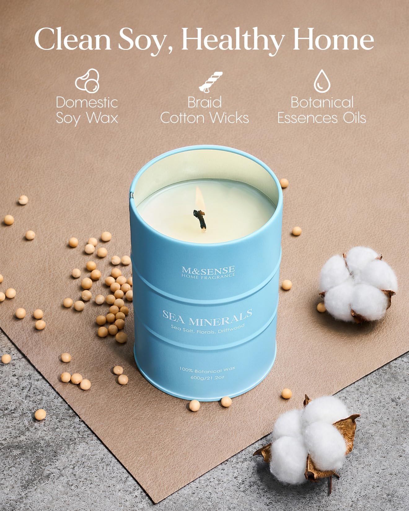M&SENSE Sea Minerals Scented Candles Ocean Large, Natural Soy Candles 21.2oz 120 Hour Slow Burning,Coconut Candles for Stress Relief Meditation Relaxing,Summer Soy Candle.