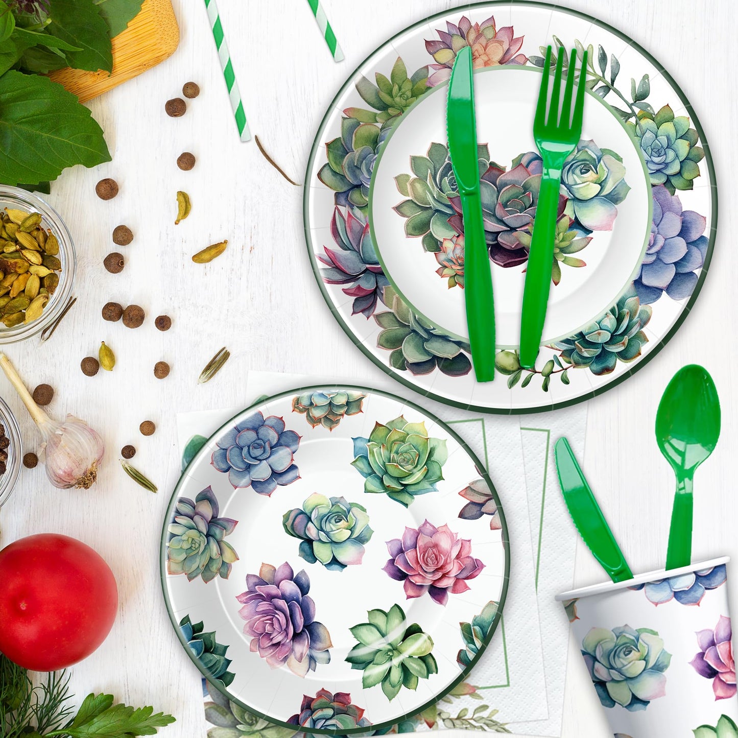 Xigejob Succulent Party Decorations Tableware - Succulent Party Supplies Dinnerware For Birthday & Baby Shower & Wedding & Bridal Shower, Paper Plate, Cup, Napkin, Tablecloth, Cutlery Straw | Serve 24