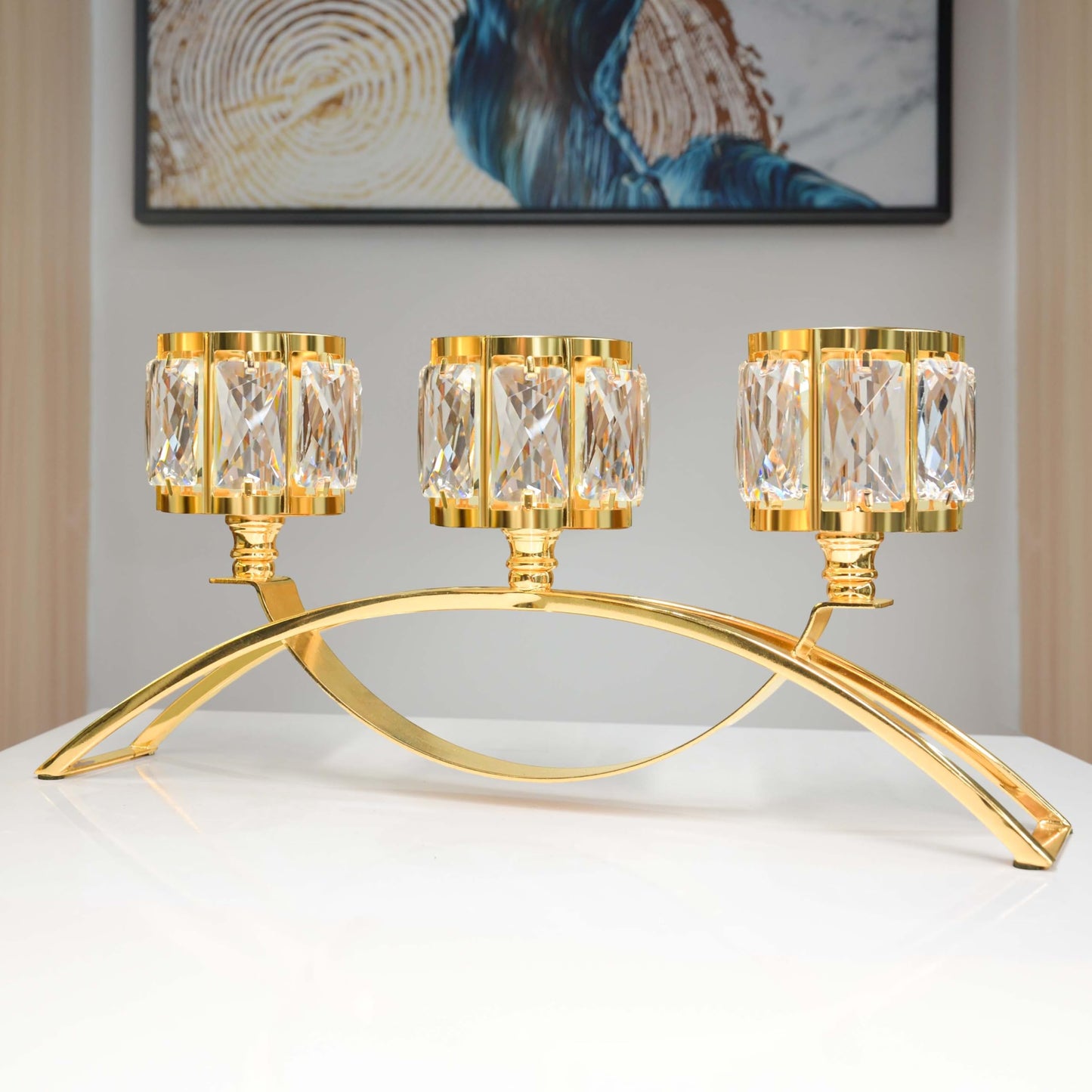 3 Arms Crystal Bowl Tealight Candelabra Votive Candle Stand, Wedding centerpieces for Tables Crystal Candlestick，Centerpiece Table Decorations (Pure Gold)