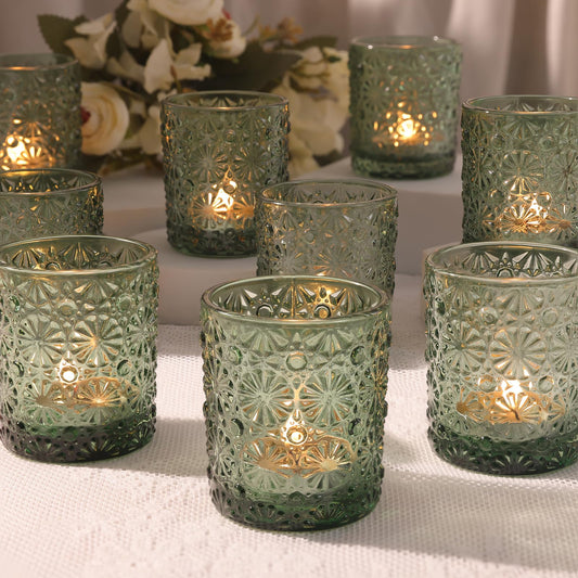 Lanttu 12 Pack Green Votive Candle Holder, Flower Tea Lights Candles Holders for Wedding Table Decor, Birthday Parties, Vintage Home Decor, Bridal Shower and Holiday Decorations
