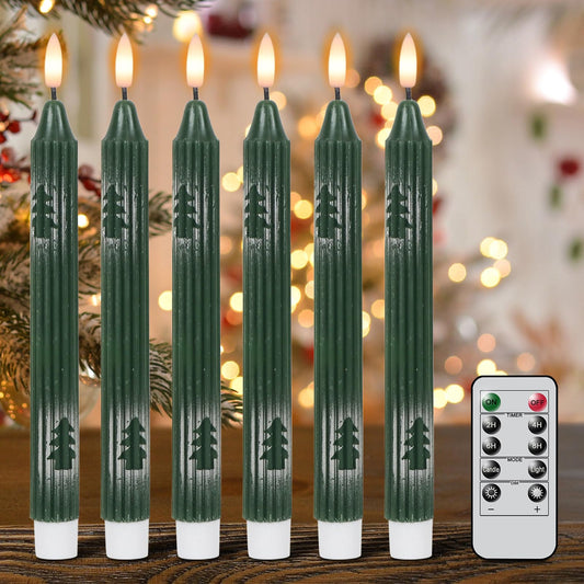 Wondise Christmas Flameless Taper Candles with Remote and Timer, Battery Operated 3D Wick Real Wax LED Candles with Painted Christmas Tree 6 Packs for Christmas Holiday Decor(0.78 x 9.45 Inch)