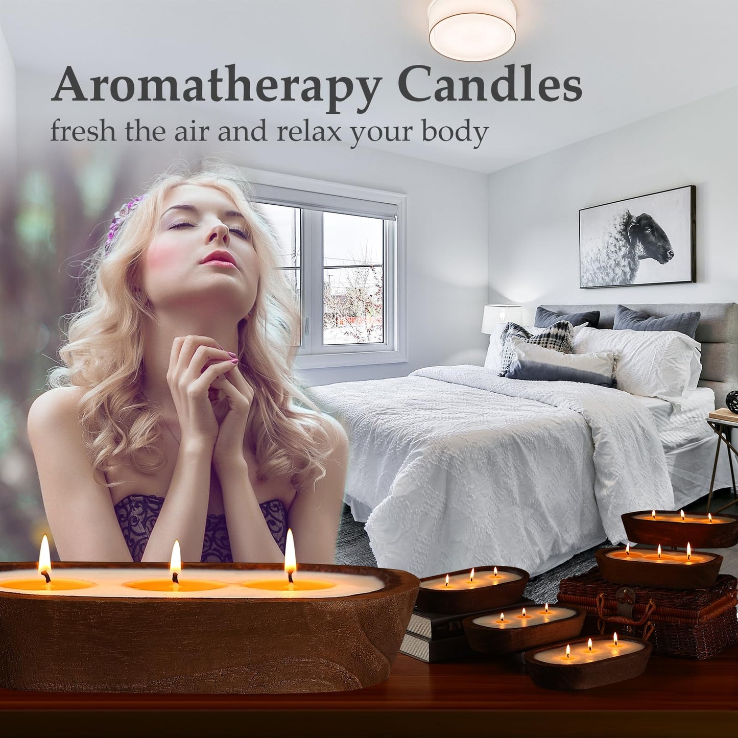 Scented Candles for Home, YeeQue 4pack Aromatheraphy Candle, Large Wooden Bowl Candle for Women,Girl Birthday Gift 3 Wicks, 48oz,120Hours Long Lasting Burn