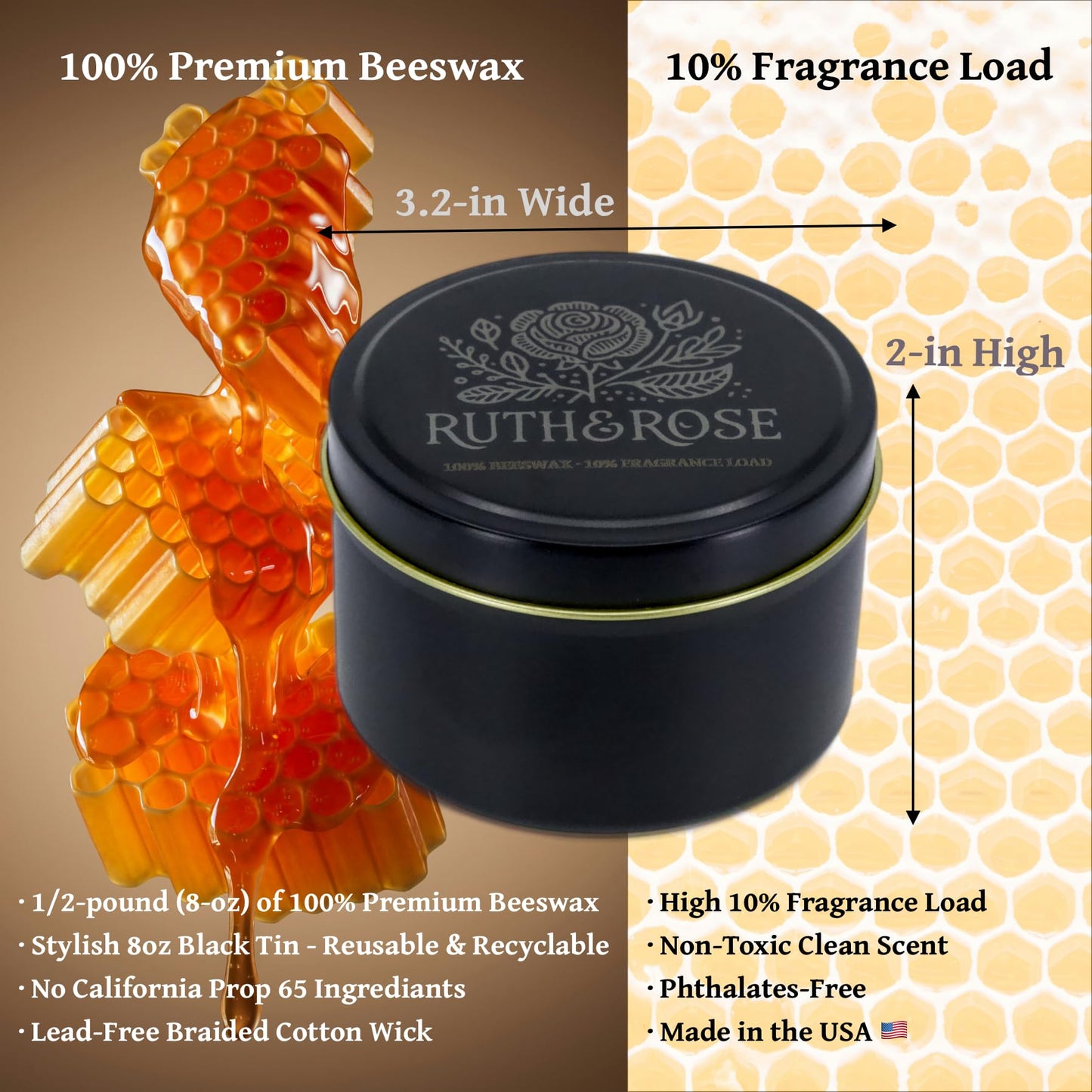 RUTH & ROSE Fraser Fir Scented Candle, 100% Beeswax Candle for Home, 8oz, +65 Hours Burn Time, Aromatherapy Non Toxic Candles, Gift for Women & Men, Made in USA, Perfect for Travel or Gifting