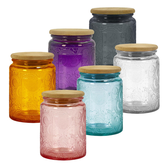 LINGSHINE 8 oz Decorative Glass Jars with Bamboo Lids, Multi-Color 6 Pack Vintage Food Storage Pantry Organization Containers, Home Decor Candle Making DIY Wedding Party Favors Holiday Gifts