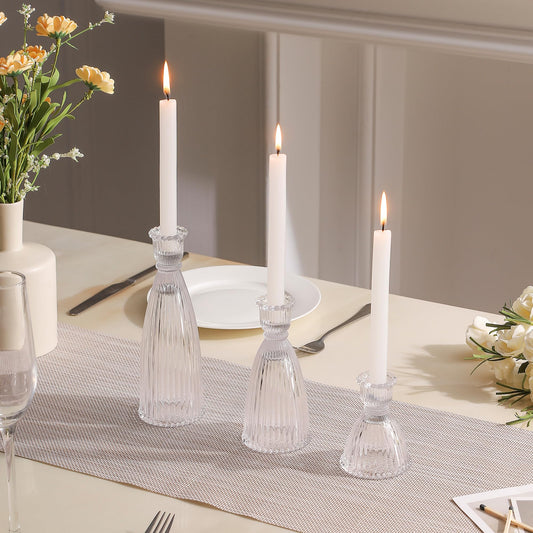 Joyfice Vertical Stripe Candlestick Holders Set of 3, Premium Glass Candle Holders for Candlesticks and Taper Candles, Vintage Candle Holder Decor for Table Centerpiece, Clear