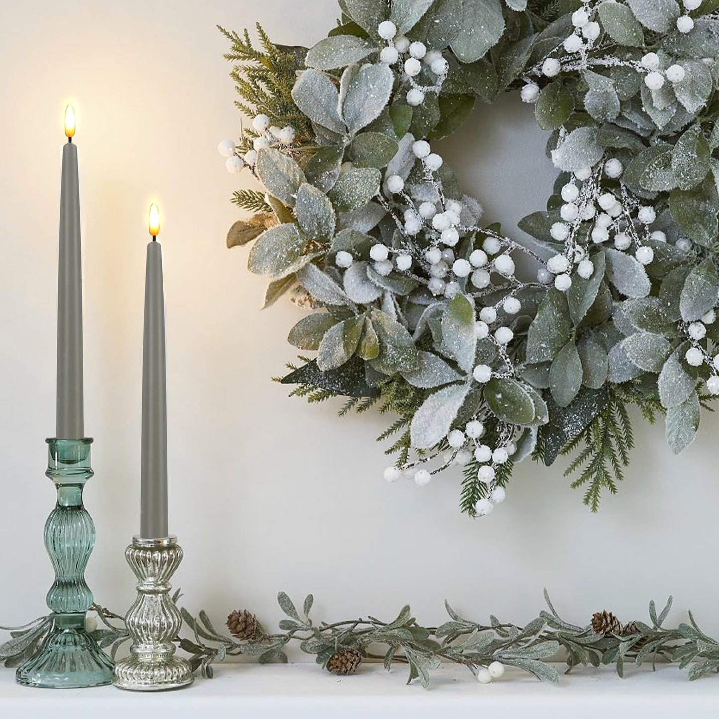 CVHOMEDECO. Flameless Taper Candles with 10-Key Remote, Battery Operated Led Flickering 3D Wick Window Candles Real Wax Finished Home Christmas Party Decor 0.78 x 11 Inch, Pack of 2, Grey