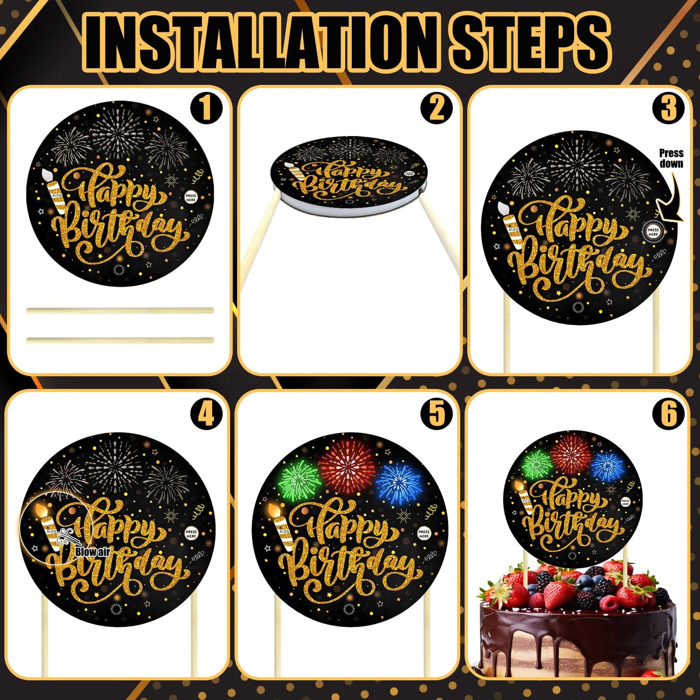 Birthday Cake Toppers，with Light and Music, Blowable，Birthday candles，Fabulous Cake Decoration for girl or Women– Plays Hit Song 'HAPPY Birthday' (Black Gold)