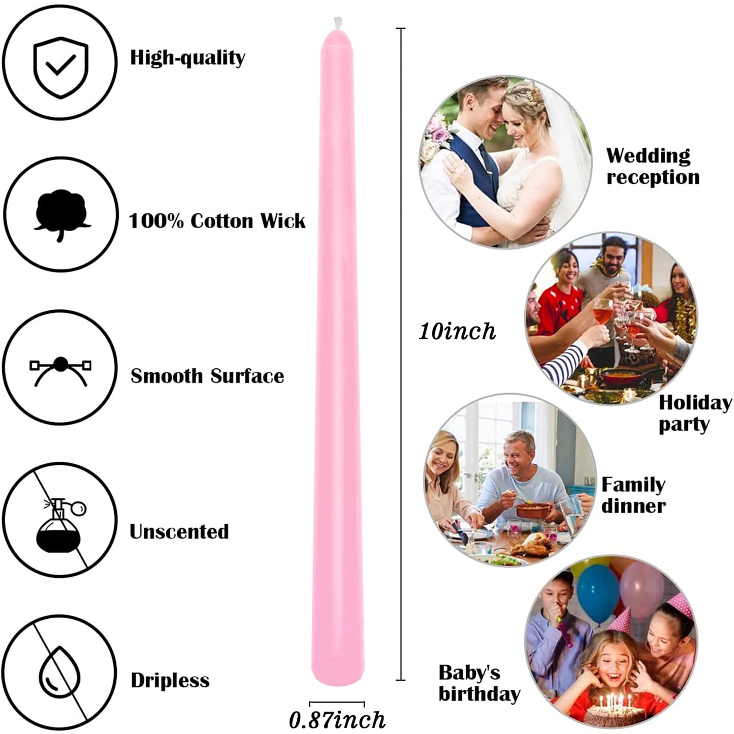 8 Pack 10 Inch Rose-Pink Smooth Taper Candle Set, 7/8 Inch Unscented Driples Candlesticks for Home Decoration, 6-7 Hours Burn