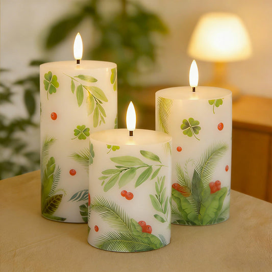 JOIONE Flameless Pillar Candles with Remote, 3 Pack Battery Operated Real Wax Green LED Candles, Perfect for Spring Summer Home Decorations Fireplace Table, Shamrock