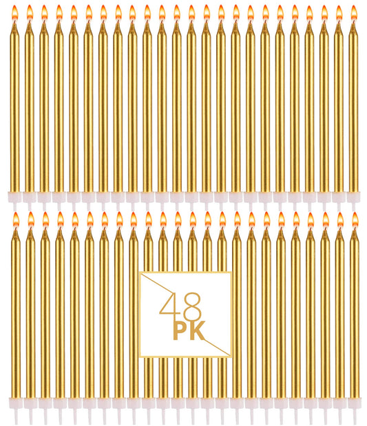Bundaloo Gold Birthday Candles for Cake - Set of 48 with Plastic Holders - 5.5" Long, 0.20" Thickness