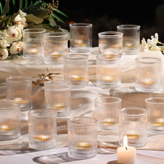 NITIME 32Pcs Ribbed Votive Candle Holders, Clear Tea Light Candle Holder for Wedding Table Decor, Glass Candle Holder for Bridal Shower Decor, Home and Holiday Decor