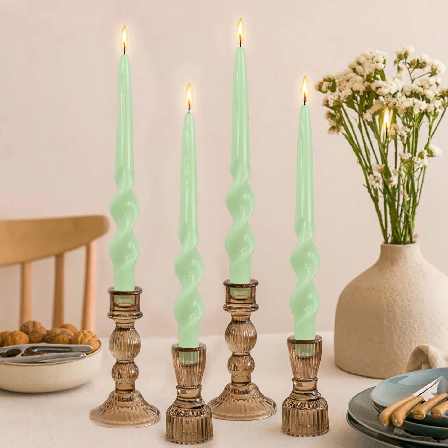 Tapered Candle Twisted Candlesticks Green Candle Stick Smokeless Candles Long Twirl Candle Easter Taper Candles Cute Odorless Candles for Anthropologie Home Décor Dinner Party Mother's Day Gifts