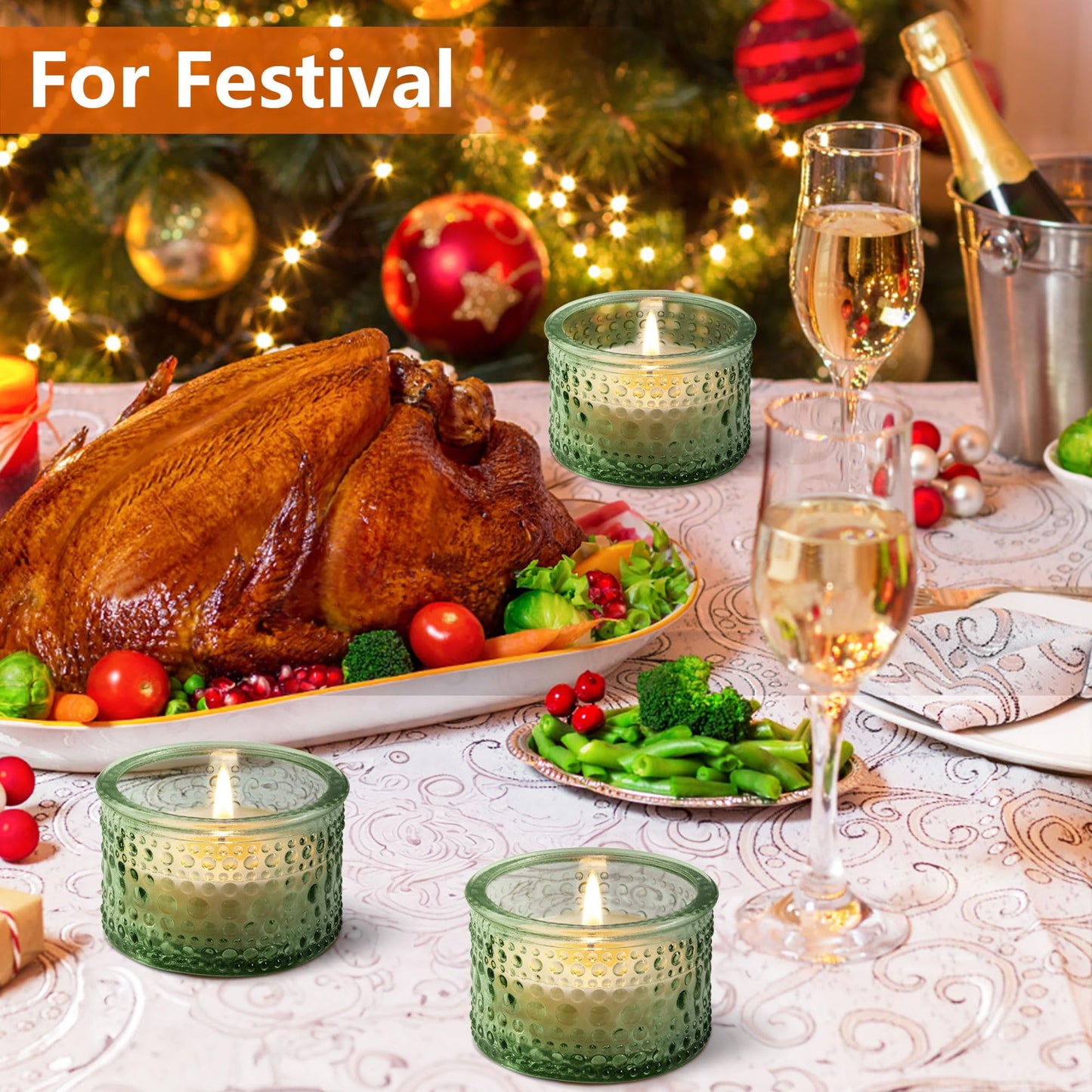 JOYIT Green Votive Candle Holders Bulk Set of 6, Tealight Candle Holder for Wedding Table Centerpiece, Glass Small Candle Holders for Birthday Party, Valentine's Day, Home Decor (2''X 1.4'')