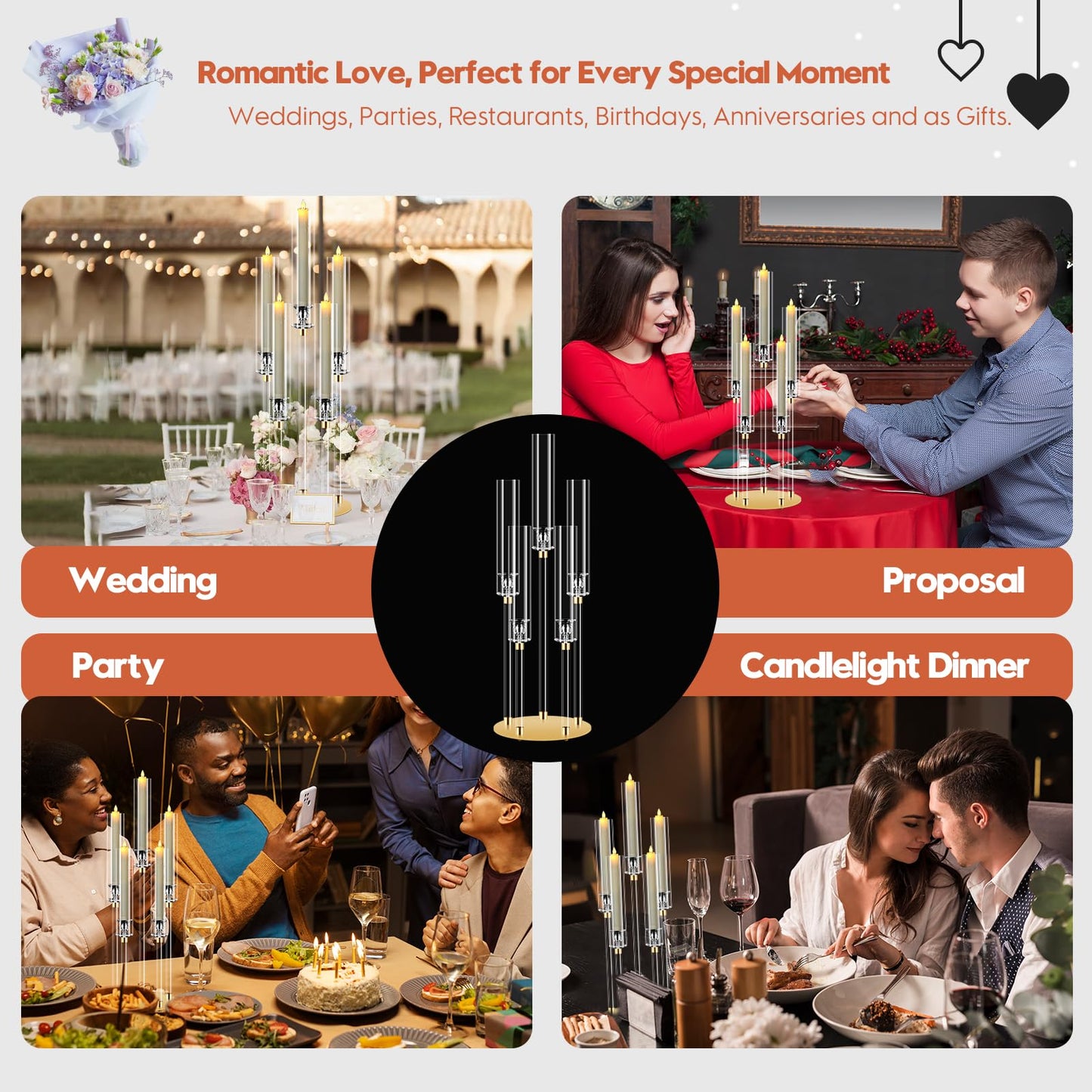 4 Set 5 Arm Acrylic Candle Holder, Mjkeomo 26'' Tall Candelabra Centerpieces for Tables Clear Candlesticks Holder with Lampshade for Housewarming Gift Fireplace Dinner Decor Fit 0.82'' LED Candle