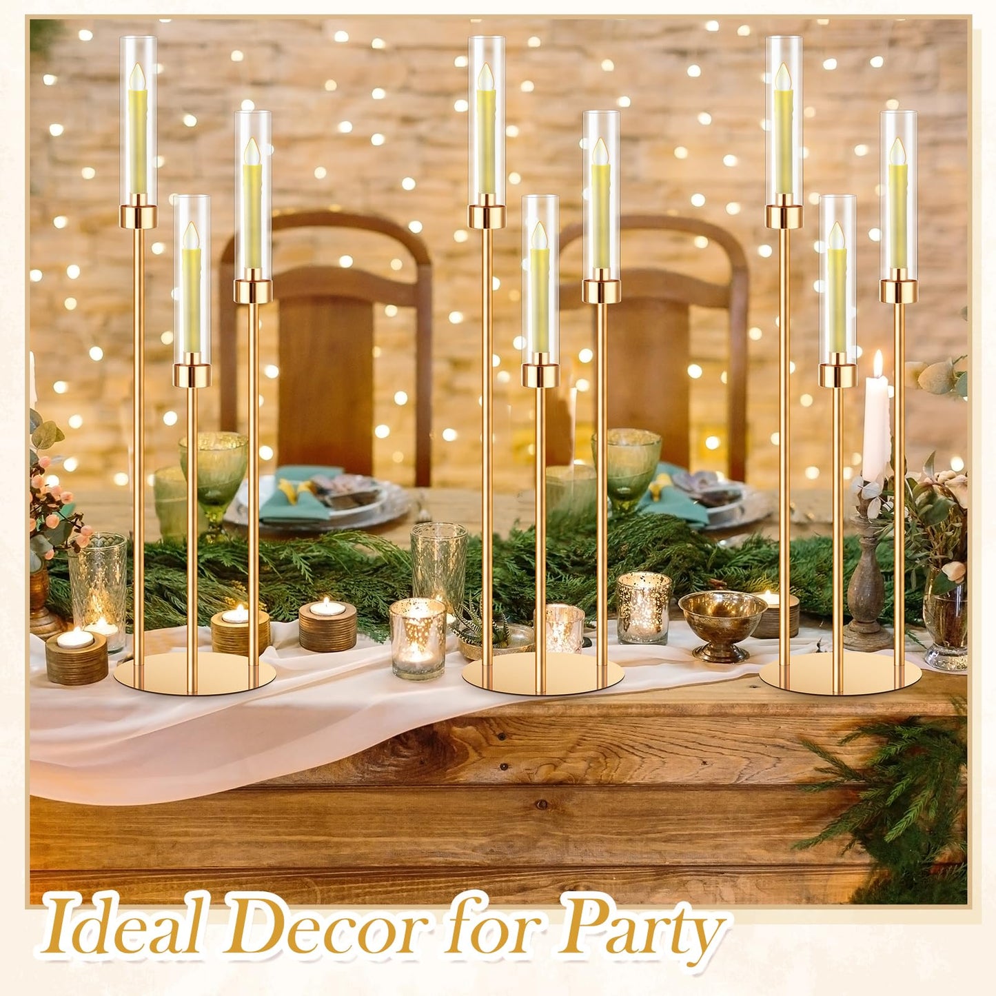 Suclain 4 Set 3 Arm Candelabra Centerpiece 33.8 Inch Candle Holder Gold Candelabra Metal Floor Pillar Candlesticks for Tables Wedding Home Party Decoration
